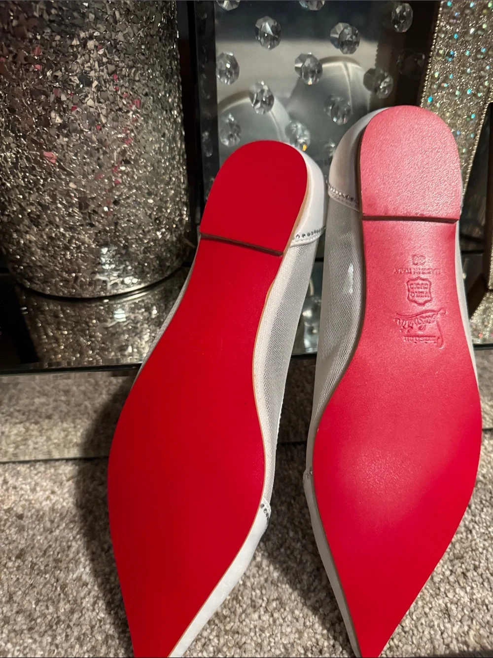 Christian Louboutin White Pointed Toe Mesh & Leather Flats with Crystal Trim